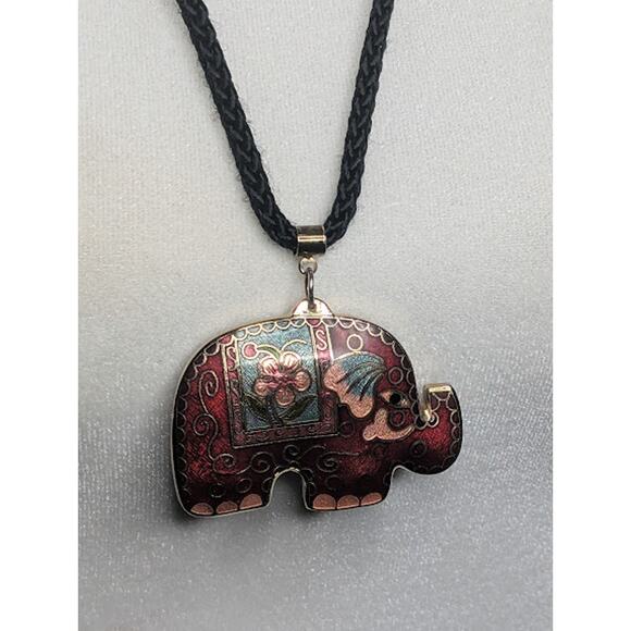 Vintage Cloisonné Elephant Pendant Necklace: Red, Teal & Pink BOHO Cottagecore - Picture 4 of 5
